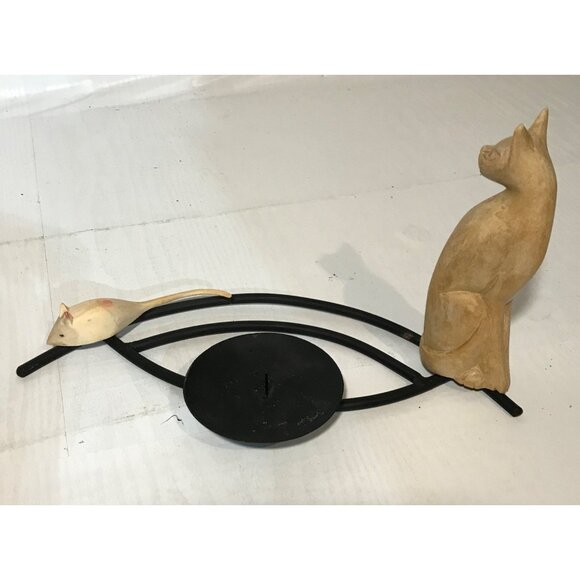 Cat & Mouse Candle Holder Wood and Metal Modern Unique 6" tall - Picture 3 of 8